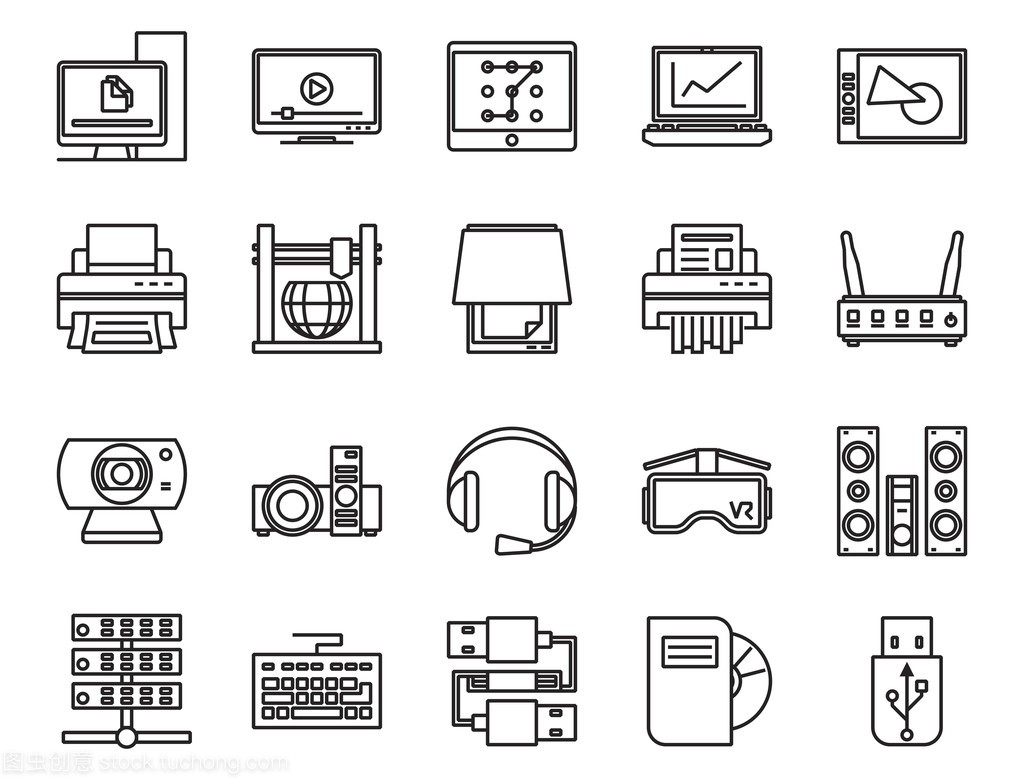 基本組線性圖標 詮釋電子與模擬設備的極簡美學